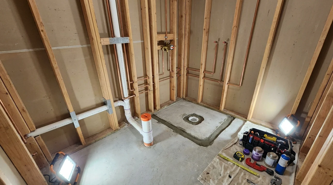 Bathroom rough-in plumbing during remodel by Johns Plumbing LLC in Le Roy