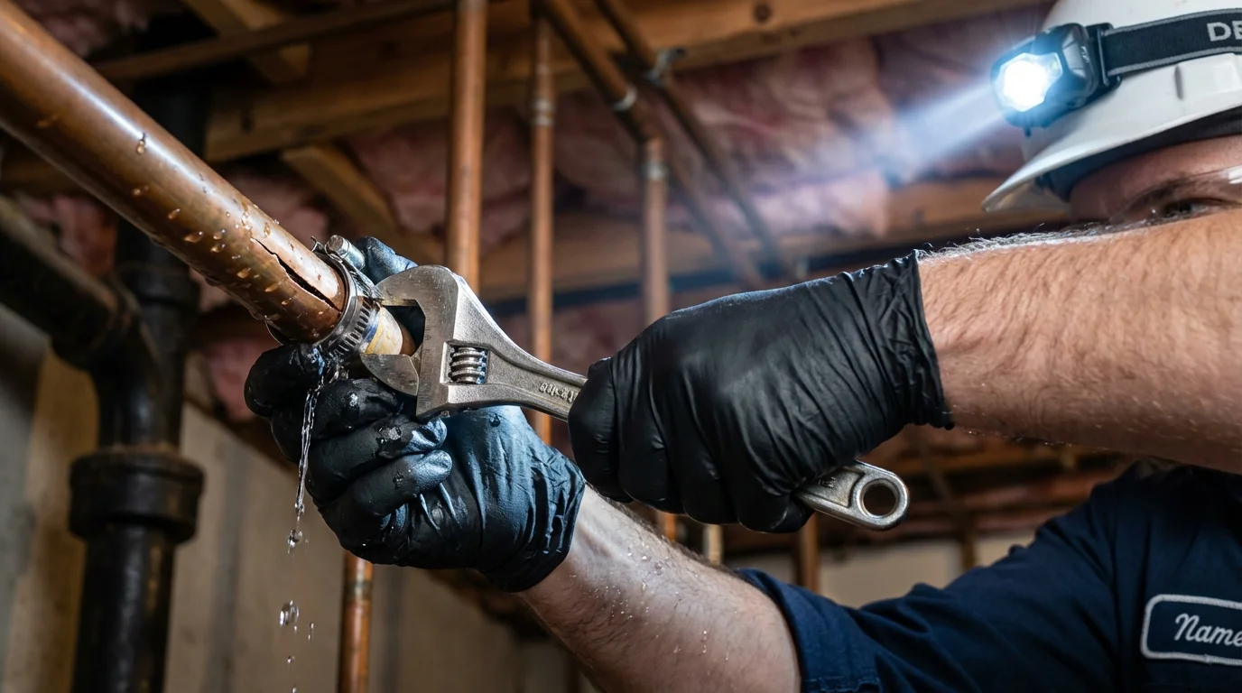 Emergency pipe clamp repair being performed by a Johns Plumbing LLC plumber in Le Roy