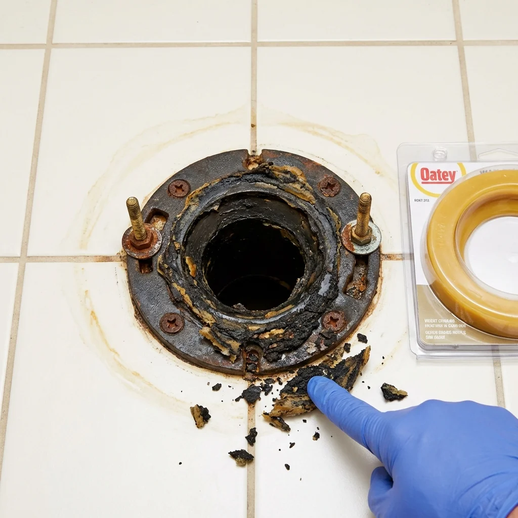 Failed wax ring showing water seepage at the base of a toilet in a Le Roy, NY home
