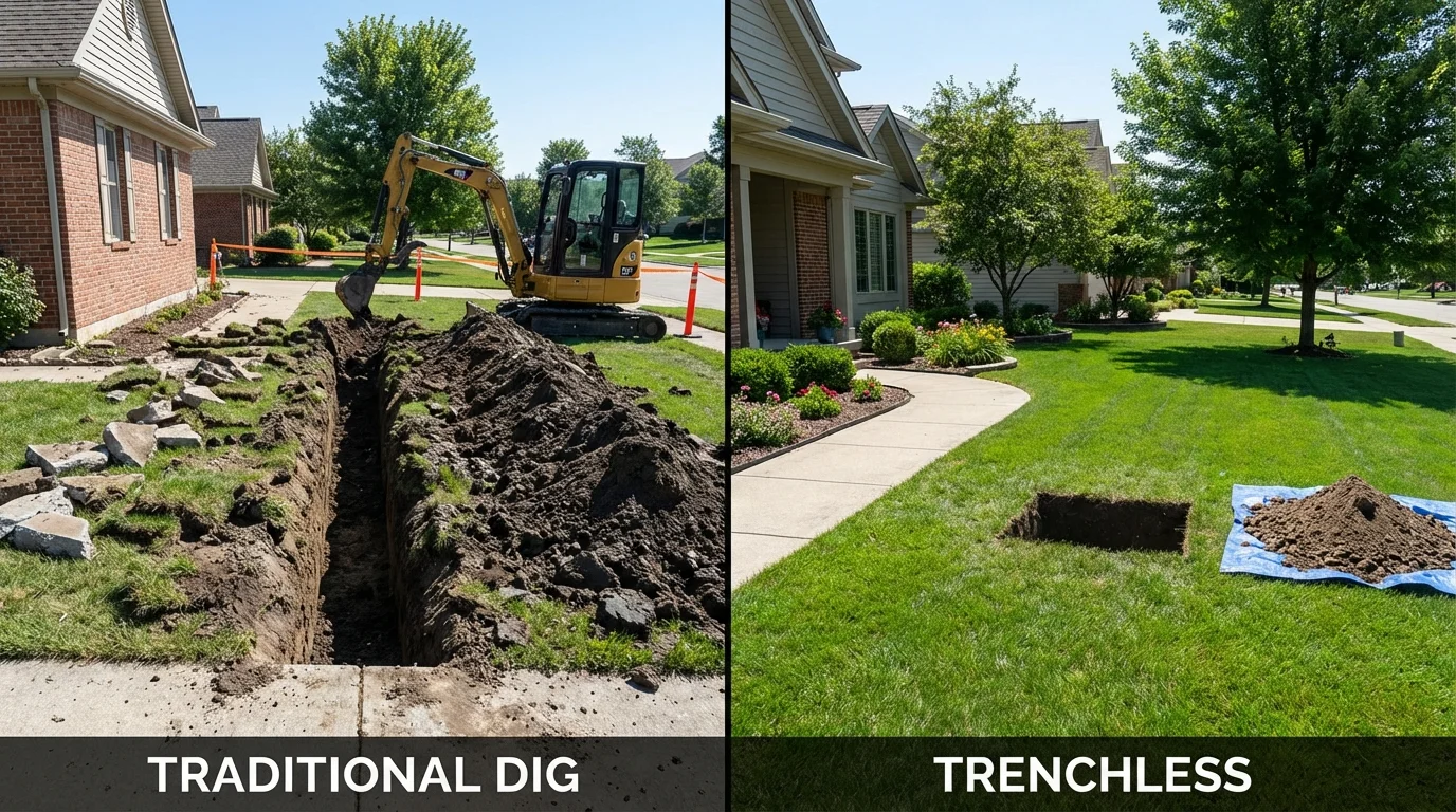 Trenchless sewer repair with minimal yard damage versus traditional excavation in Le Roy, NY